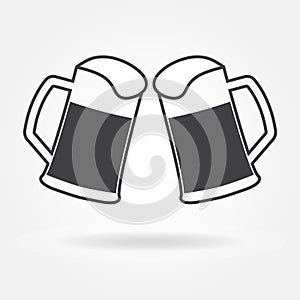 Two glasses or beer mugs isolated on white background. Cheers icon or sign. Vector illustration.